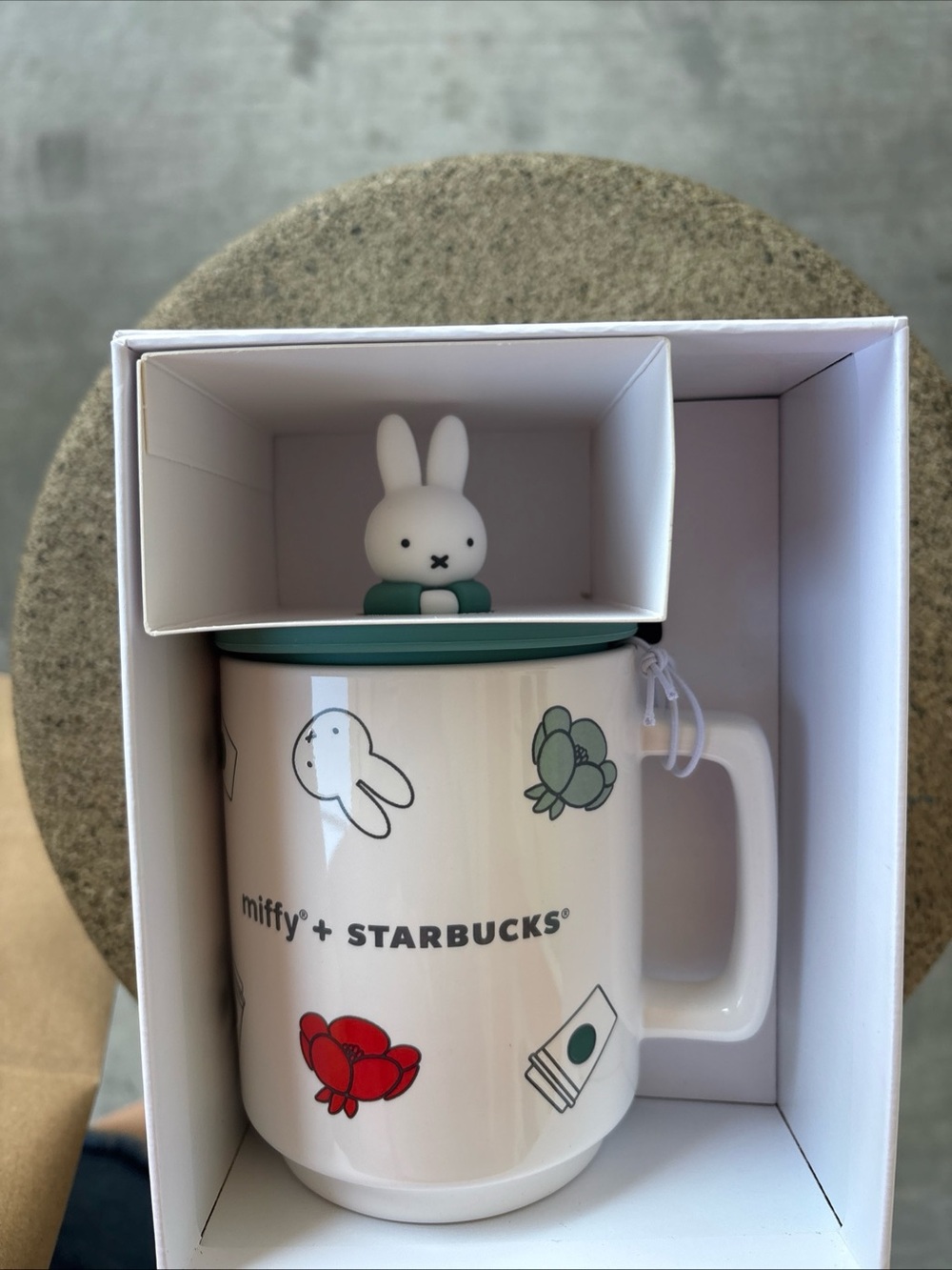 Starbucks Miffy White Mug with Green Lid and Red Accents